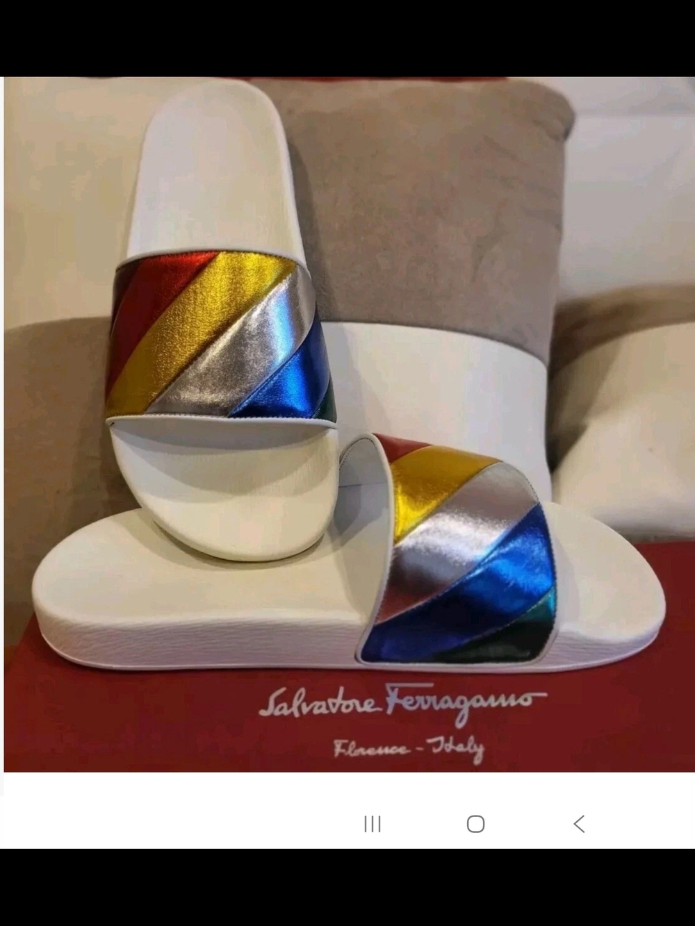 Salvatore Ferragamo Groove Multicolor Rainbow Leathr Metallic Slides Size 9M NWB